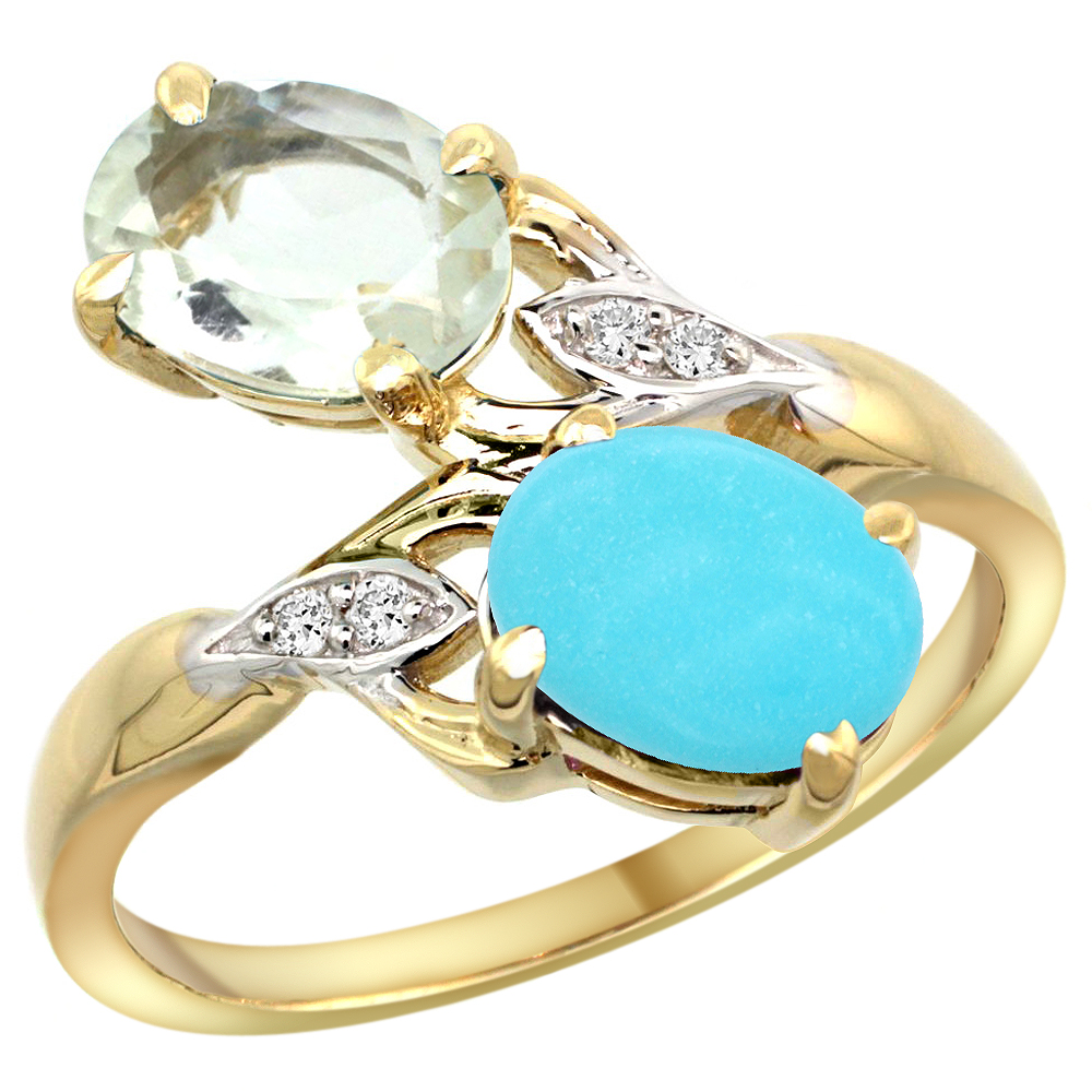10K YELLOW GOLD DIAMOND NATURAL GREEN AMETHYST & TURQUOISE 2-STONE RING OVAL 8X6MM, SIZES 5 - 10
