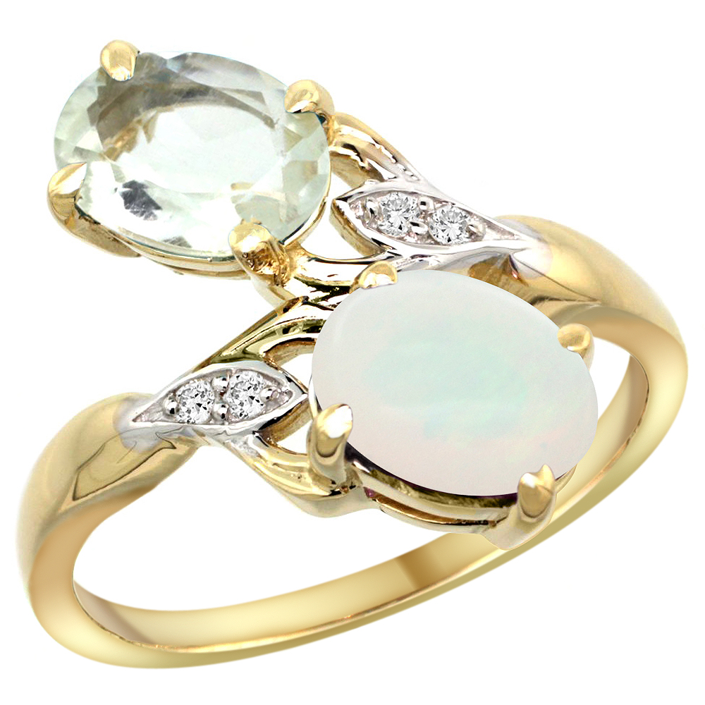 10K YELLOW GOLD DIAMOND NATURAL GREEN AMETHYST & OPAL 2-STONE RING OVAL 8X6MM, SIZES 5 - 10
