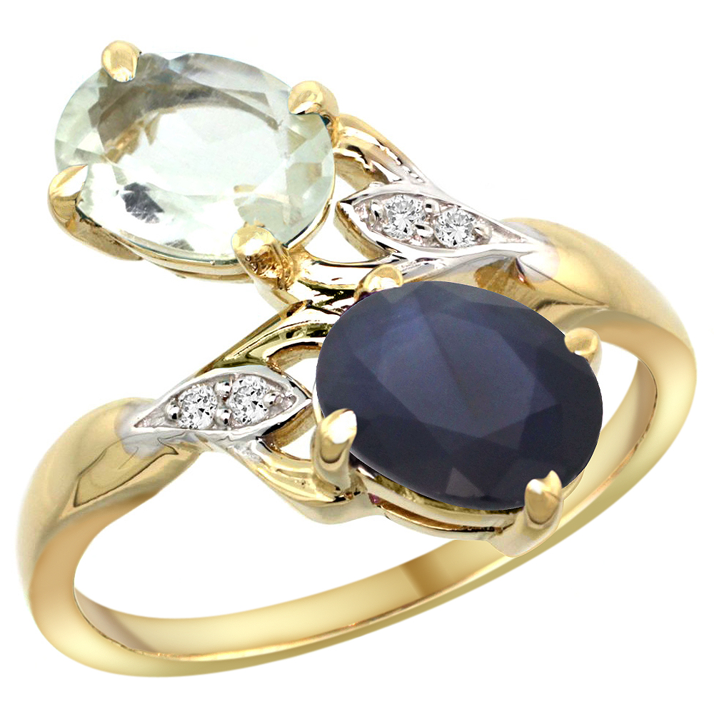 10K Yellow Gold Diamond Natural Green Amethyst & Australian Sapphire 2-stone Ring Oval 8x6mm, sizes 5 - 10