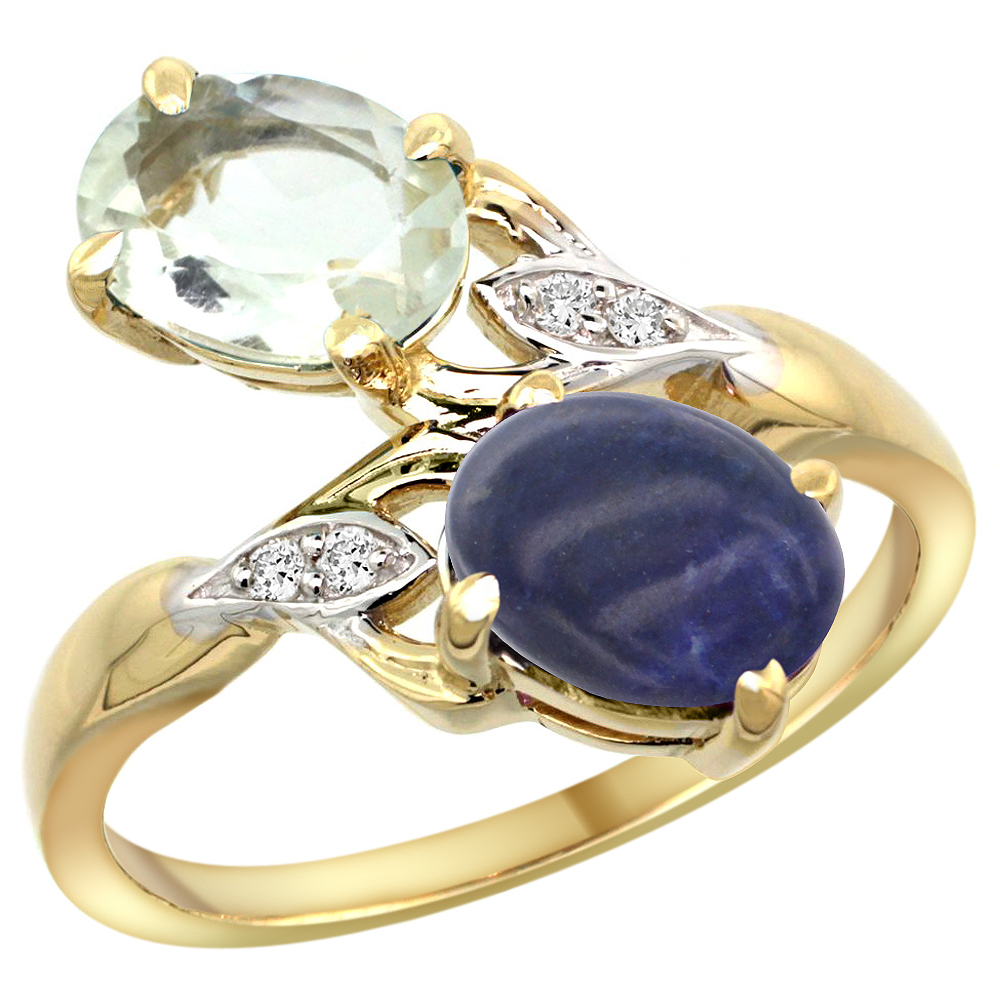 14k Yellow Gold Diamond Natural Green Amethyst &amp; Lapis 2-stone Ring Oval 8x6mm, sizes 5 - 10