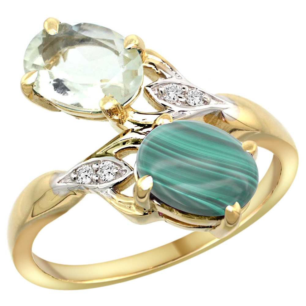 14k Yellow Gold Diamond Natural Green Amethyst & Malachite 2-stone Ring Oval 8x6mm, sizes 5 - 10