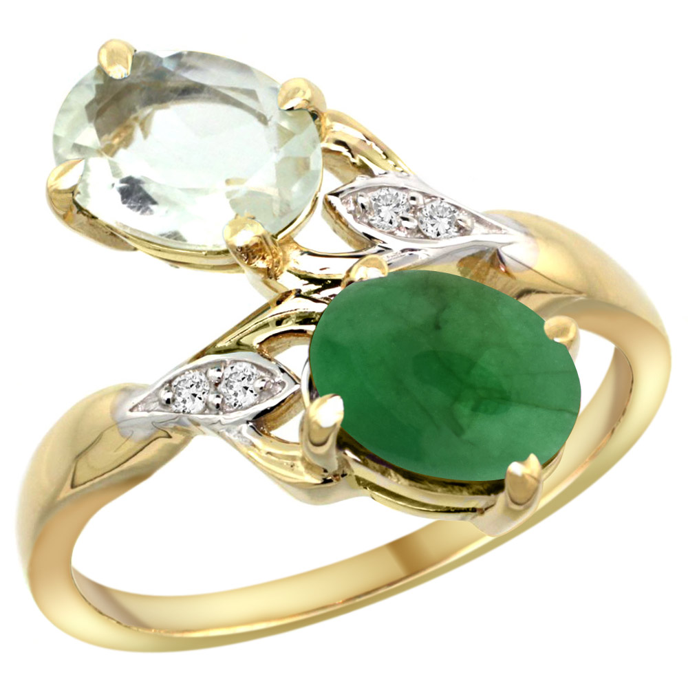 10K YELLOW GOLD DIAMOND NATURAL GREEN AMETHYST & CABOCHON EMERALD 2-STONE RING OVAL 8X6MM, SIZES 5 - 10