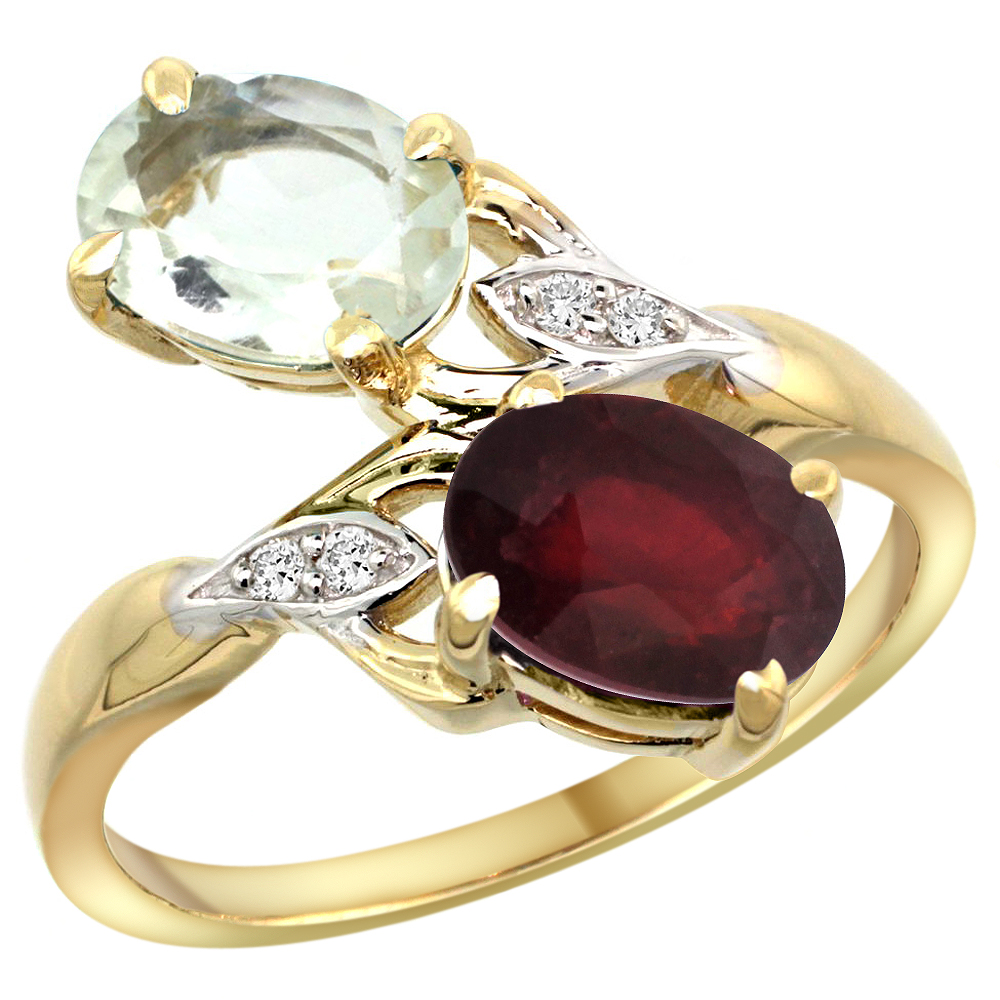10K YELLOW GOLD DIAMOND NATURAL GREEN AMETHYST RUBY 2-STONE MOTHERS RING OVAL 8X6MM SIZE 5-10
