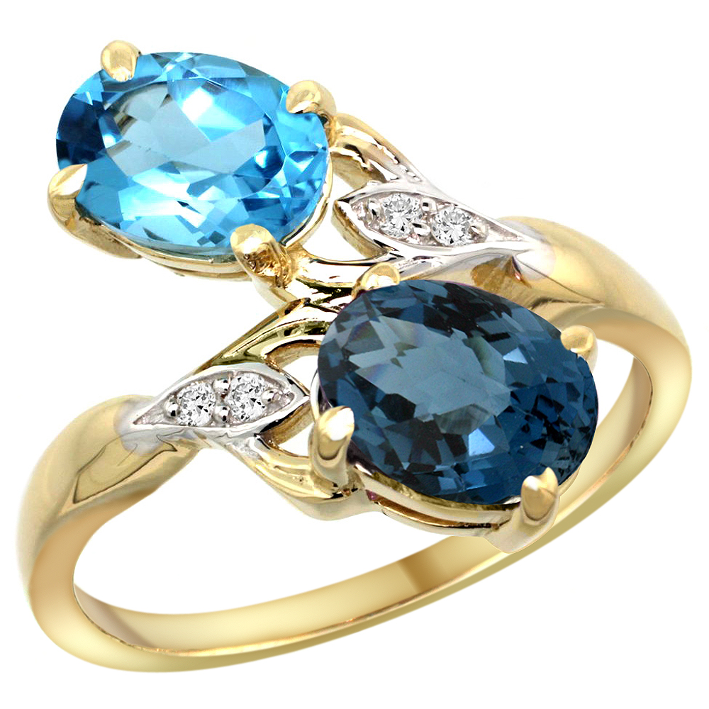 14K YELLOW GOLD DIAMOND NATURAL SWISS & LONDON BLUE TOPAZ 2-STONE RING OVAL 8X6MM, SIZES 5 - 10