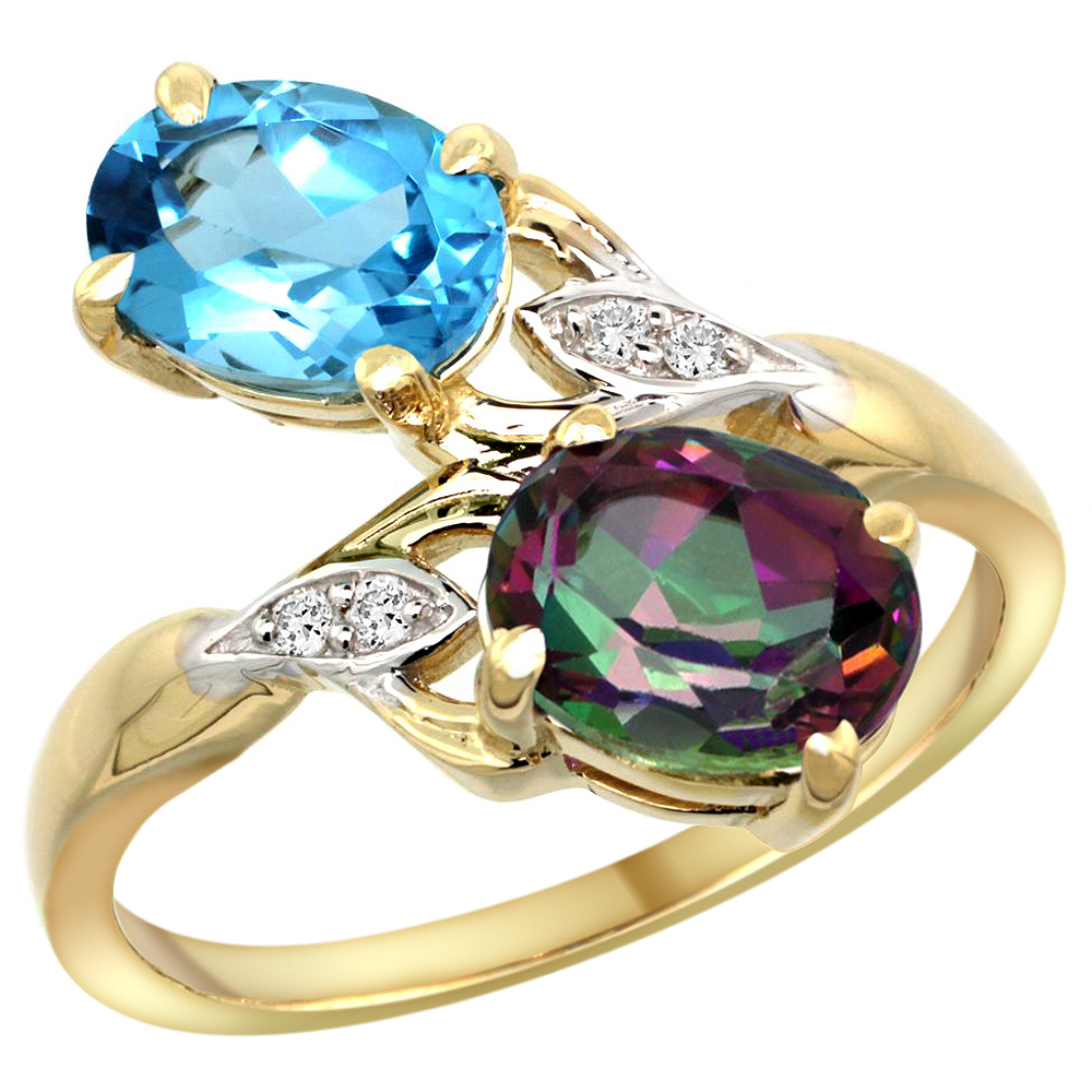 14K YELLOW GOLD DIAMOND NATURAL SWISS BLUE & MYSTIC TOPAZ 2-STONE RING OVAL 8X6MM, SIZES 5 - 10