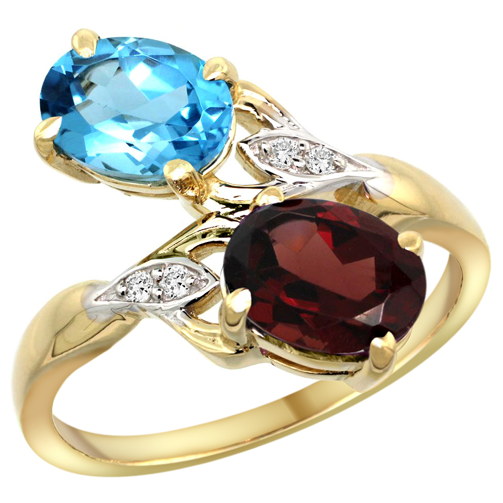 14k Yellow Gold Diamond Natural Swiss Blue Topaz & Garnet 2-stone Ring Oval 8x6mm, sizes 5 - 10