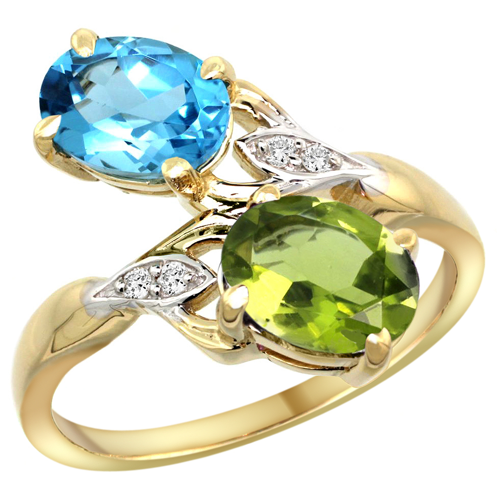 14k Yellow Gold Diamond Natural Swiss Blue Topaz &amp; Peridot 2-stone Ring Oval 8x6mm, sizes 5 - 10