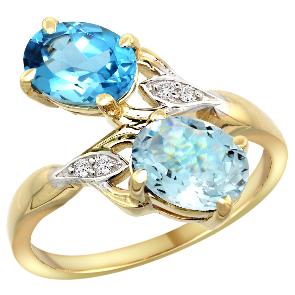 10K YELLOW GOLD DIAMOND NATURAL SWISS BLUE TOPAZ & AQUAMARINE 2-STONE RING OVAL 8X6MM, SIZES 5 - 10