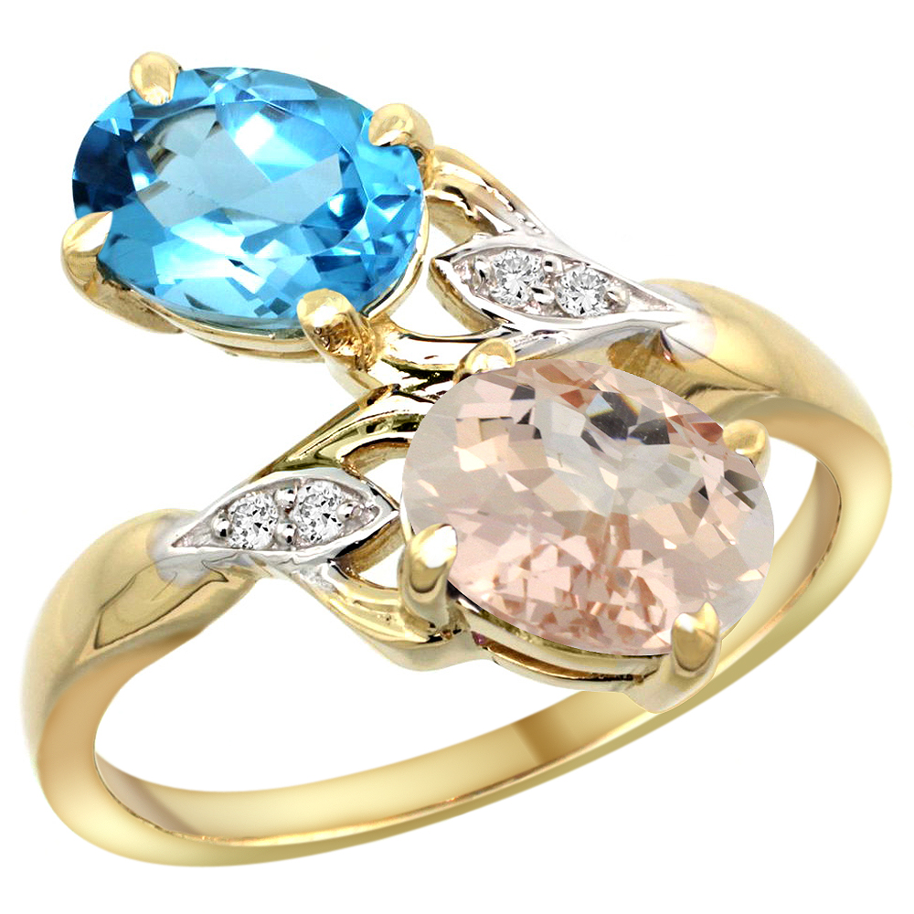 14k Yellow Gold Diamond Natural Swiss Blue Topaz & Morganite 2-stone Ring Oval 8x6mm, sizes 5 - 10