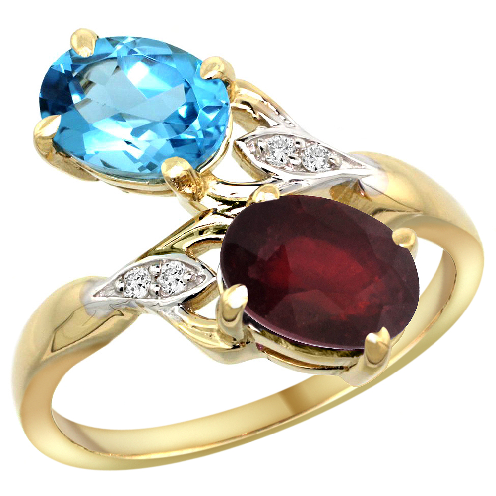 10K YELLOW GOLD DIAMOND NATURAL SWISS BLUE TOPAZ & ENHANCED GENUINE RUBY 2-STONE RING OVAL 8X6MM, SIZES 5 - 10