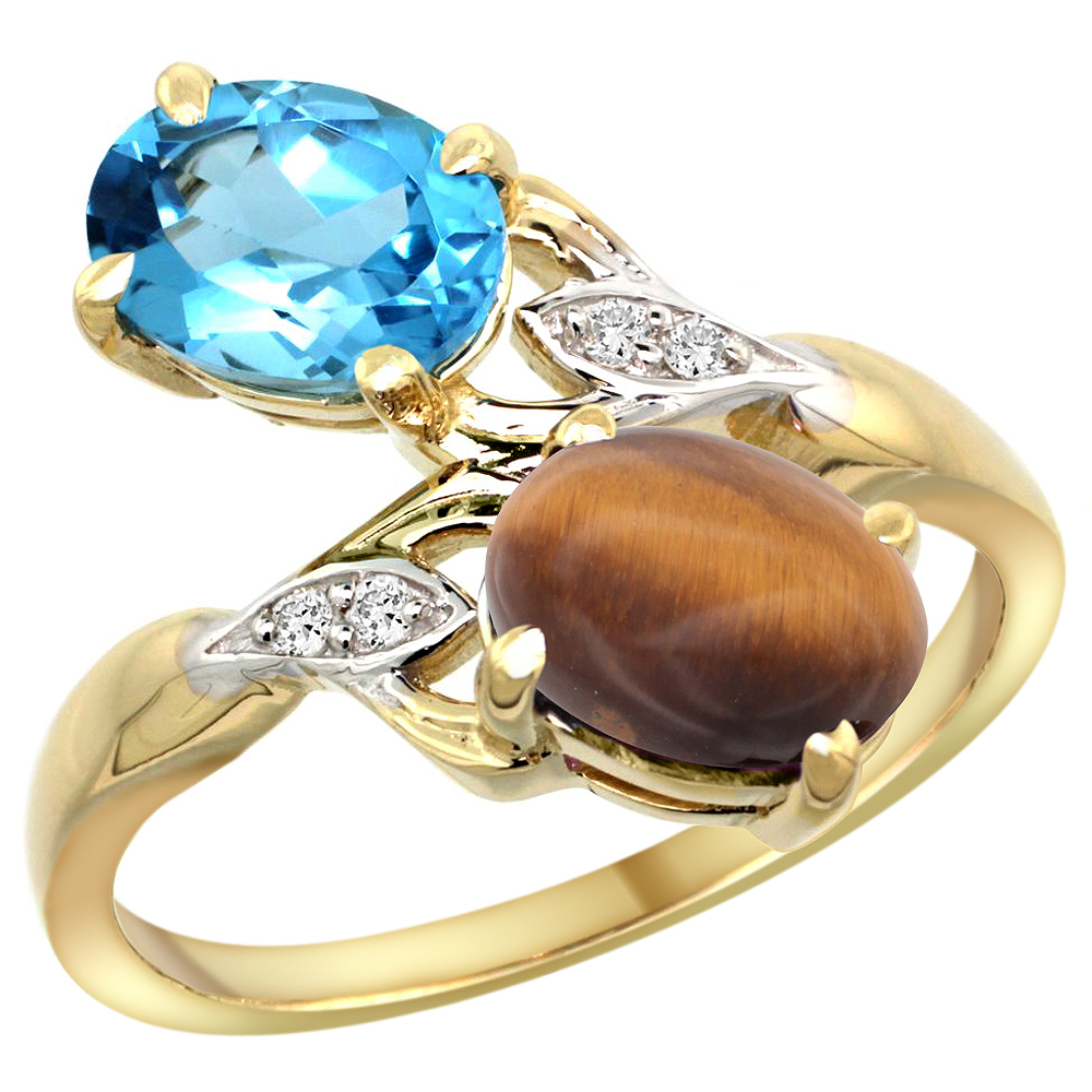 10K YELLOW GOLD DIAMOND NATURAL SWISS BLUE TOPAZ & TIGER EYE 2-STONE RING OVAL 8X6MM, SIZES 5 - 10
