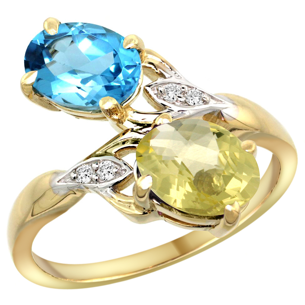 10K Yellow Gold Diamond Natural Swiss Blue Topaz & Lemon Quartz 2-stone Ring Oval 8x6mm, sizes 5 - 10