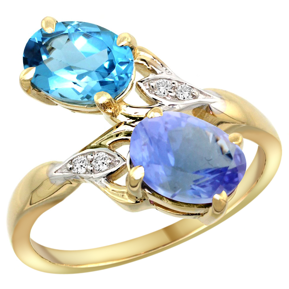 10K YELLOW GOLD DIAMOND NATURAL SWISS BLUE TOPAZ & TANZANITE 2-STONE RING OVAL 8X6MM, SIZES 5 - 10