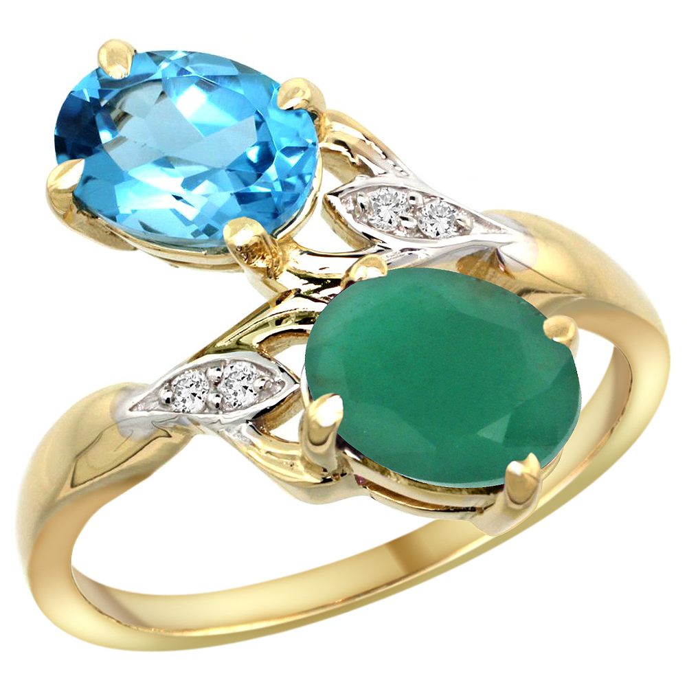 10K Yellow Gold Diamond Natural Swiss Blue Topaz&Quality Emerald 2-stone Mothers Ring Oval 8x6mm,sz5 - 10