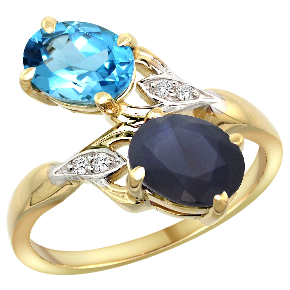 14k Yellow Gold Diamond Natural Swiss Blue Topaz &amp; Quality Blue Sapphire 2-stone Ring Oval 8x6mm,size5-10