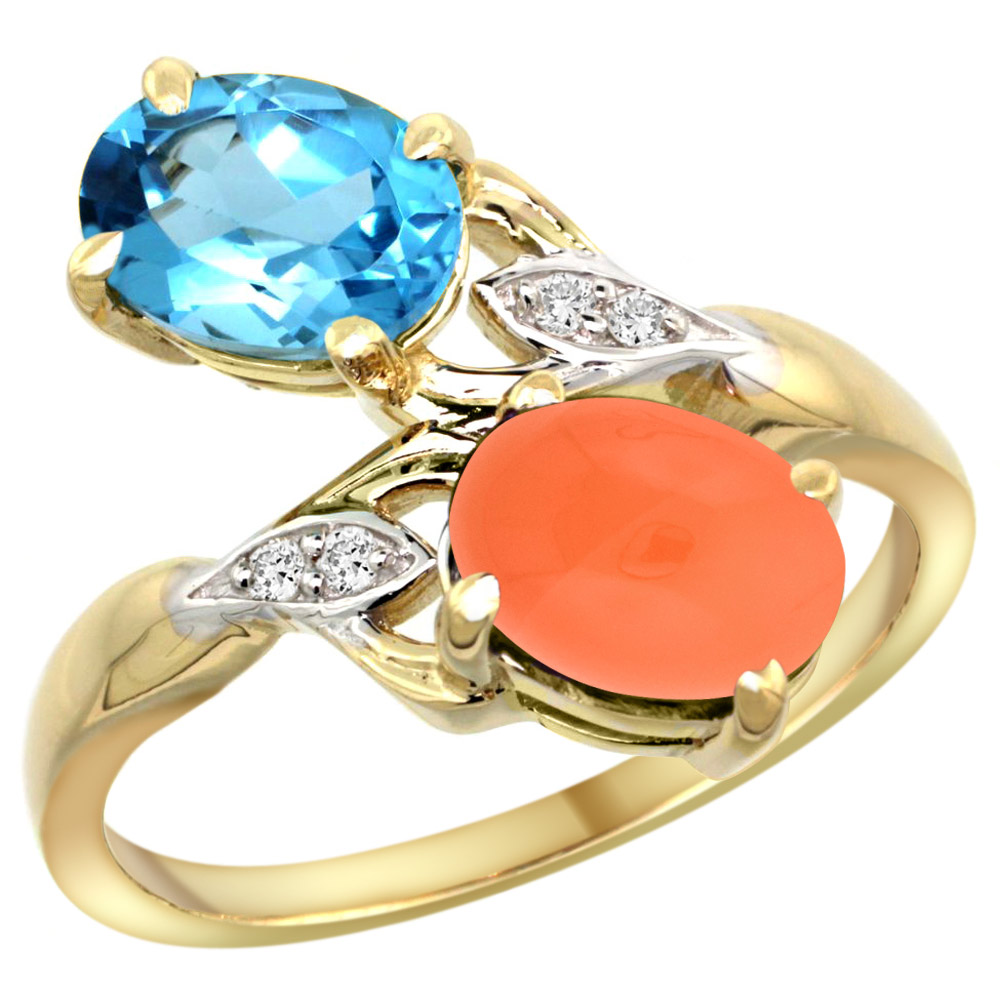 10K YELLOW GOLD DIAMOND NATURAL SWISS BLUE TOPAZ & ORANGE MOONSTONE 2-STONE RING OVAL 8X6MM, SIZES 5 - 10
