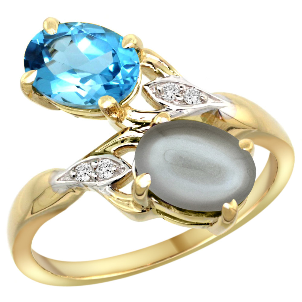 14k Yellow Gold Diamond Natural Swiss Blue Topaz &amp; Gray Moonstone 2-stone Ring Oval 8x6mm, sizes 5 - 10
