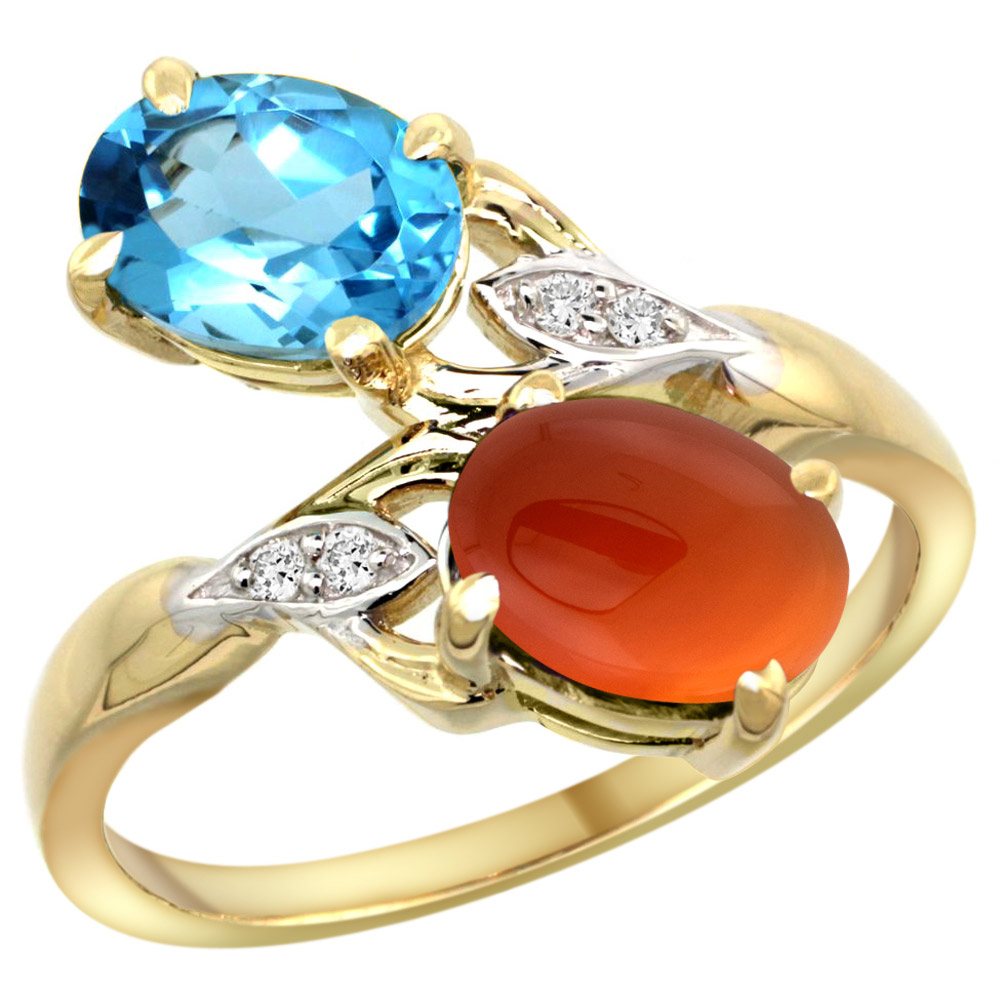 14k Yellow Gold Diamond Natural Swiss Blue Topaz &amp; Brown Agate 2-stone Ring Oval 8x6mm, sizes 5 - 10