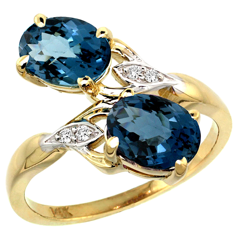 14k Yellow Gold Diamond Natural London Blue Topaz 2-stone Ring Oval 8x6mm, sizes 5 - 10