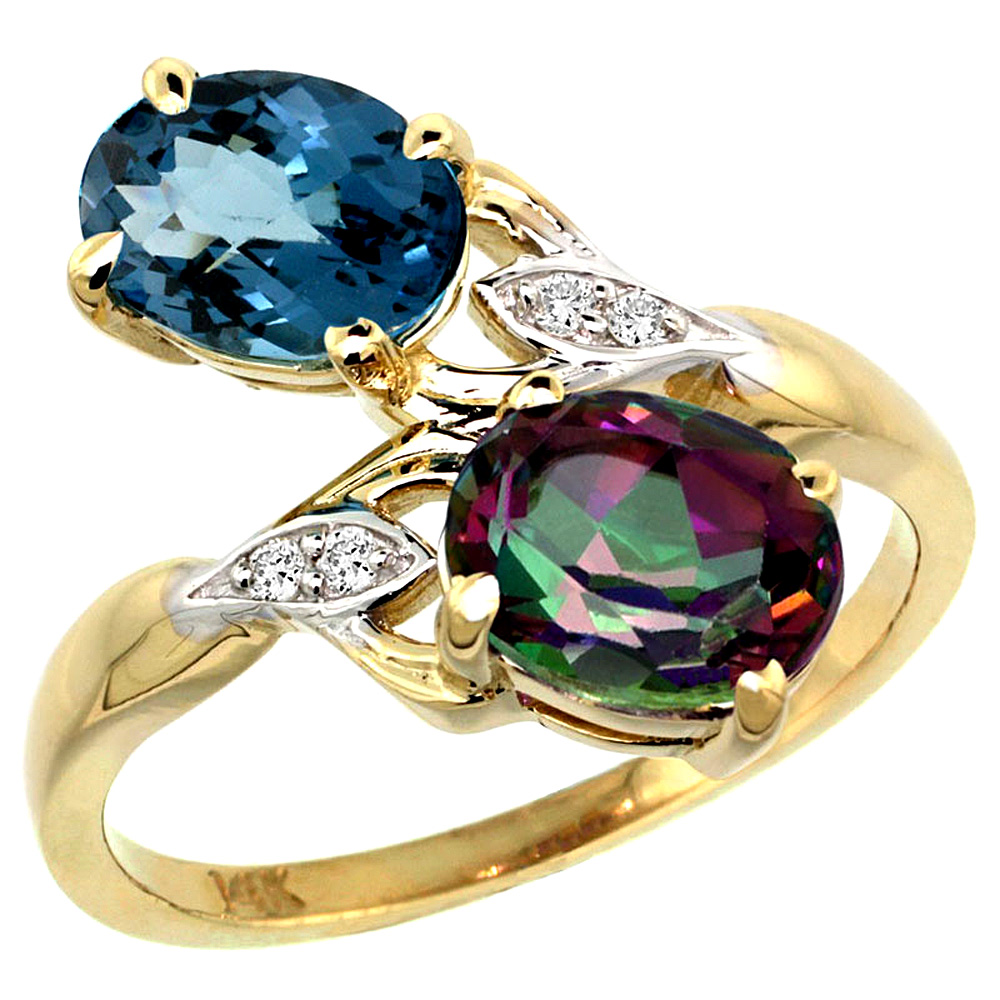 14k Yellow Gold Diamond Natural London Blue &amp; Mystic Topaz 2-stone Ring Oval 8x6mm, sizes 5 - 10