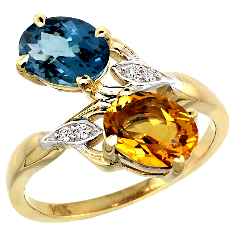 14K YELLOW GOLD DIAMOND NATURAL LONDON BLUE TOPAZ & CITRINE 2-STONE RING OVAL 8X6MM, SIZES 5 - 10