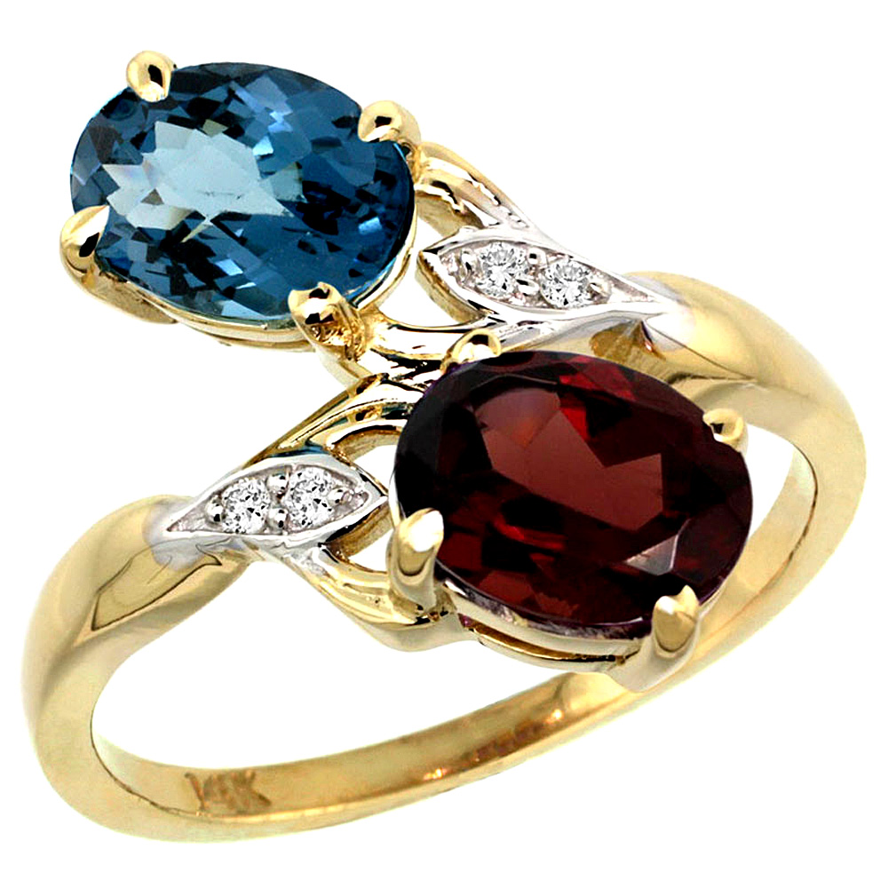 14K YELLOW GOLD DIAMOND NATURAL LONDON BLUE TOPAZ & GARNET 2-STONE RING OVAL 8X6MM, SIZES 5 - 10