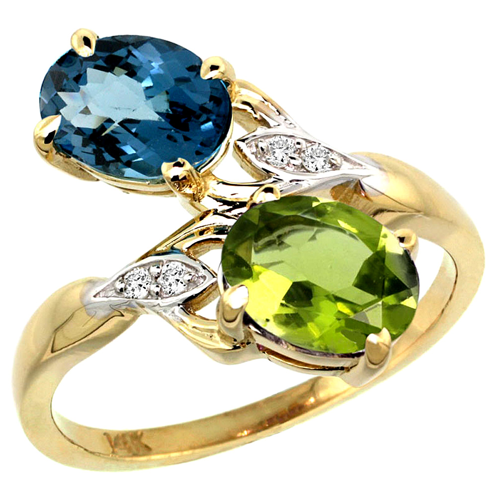 14k Yellow Gold Diamond Natural London Blue Topaz &amp; Peridot 2-stone Ring Oval 8x6mm, sizes 5 - 10