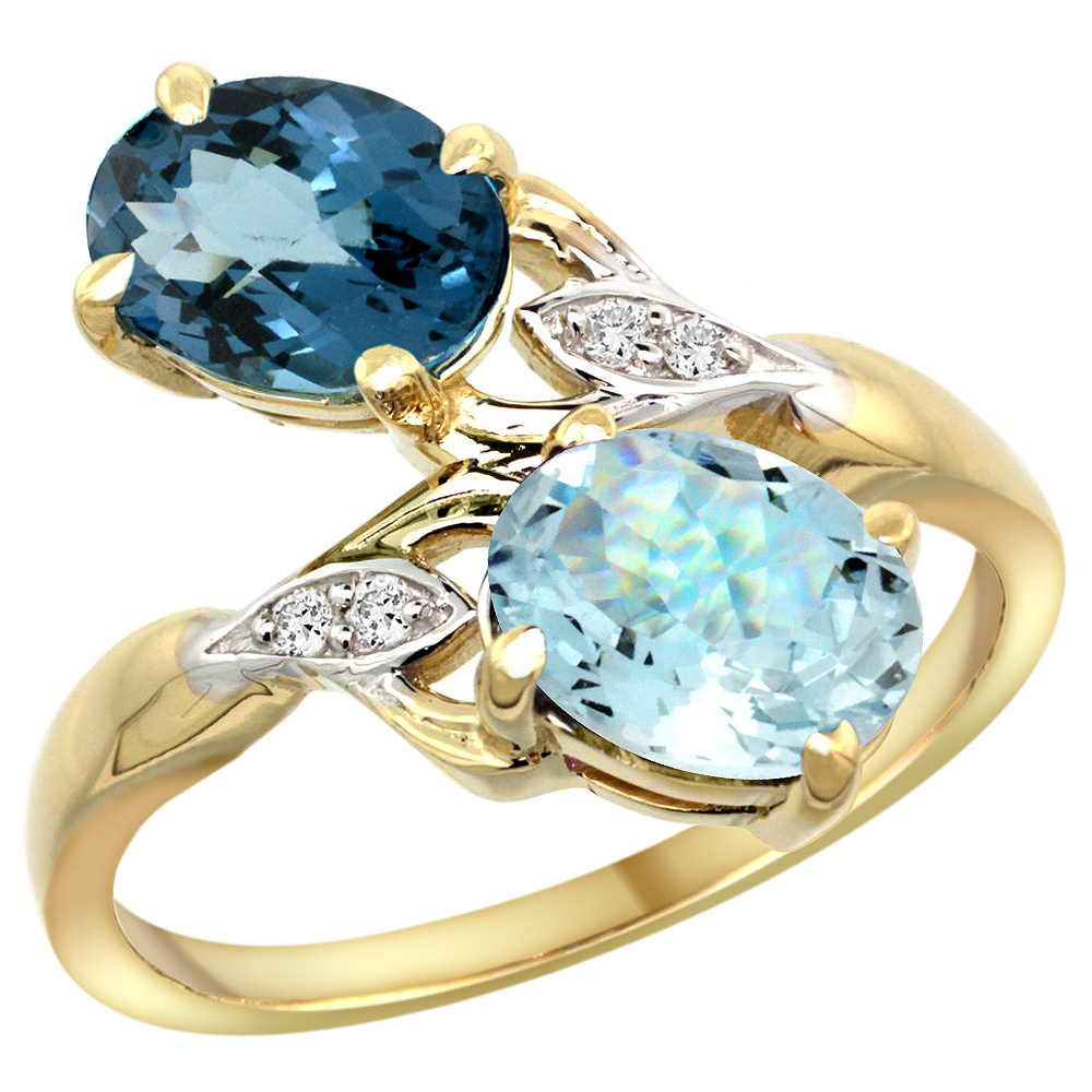 10K YELLOW GOLD DIAMOND NATURAL LONDON BLUE TOPAZ & AQUAMARINE 2-STONE RING OVAL 8X6MM, SIZES 5 - 10