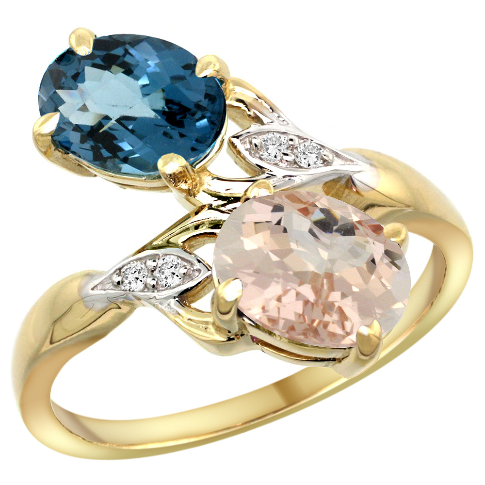 10K YELLOW GOLD DIAMOND NATURAL LONDON BLUE TOPAZ & MORGANITE 2-STONE RING OVAL 8X6MM, SIZES 5 - 10