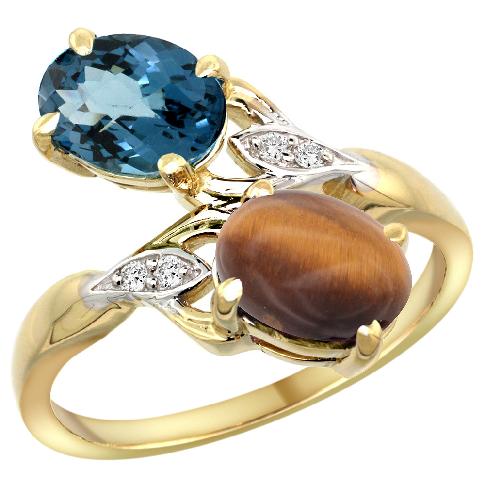 10K YELLOW GOLD DIAMOND NATURAL LONDON BLUE TOPAZ & TIGER EYE 2-STONE RING OVAL 8X6MM, SIZES 5 - 10