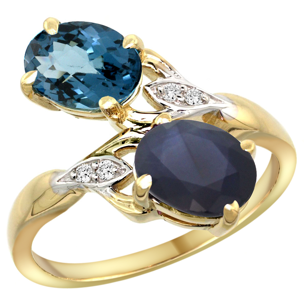 10K Yellow Gold Diamond Natural London Blue Topaz &amp; Australian Sapphire 2-stone Ring Oval 8x6mm, sizes 5 - 10