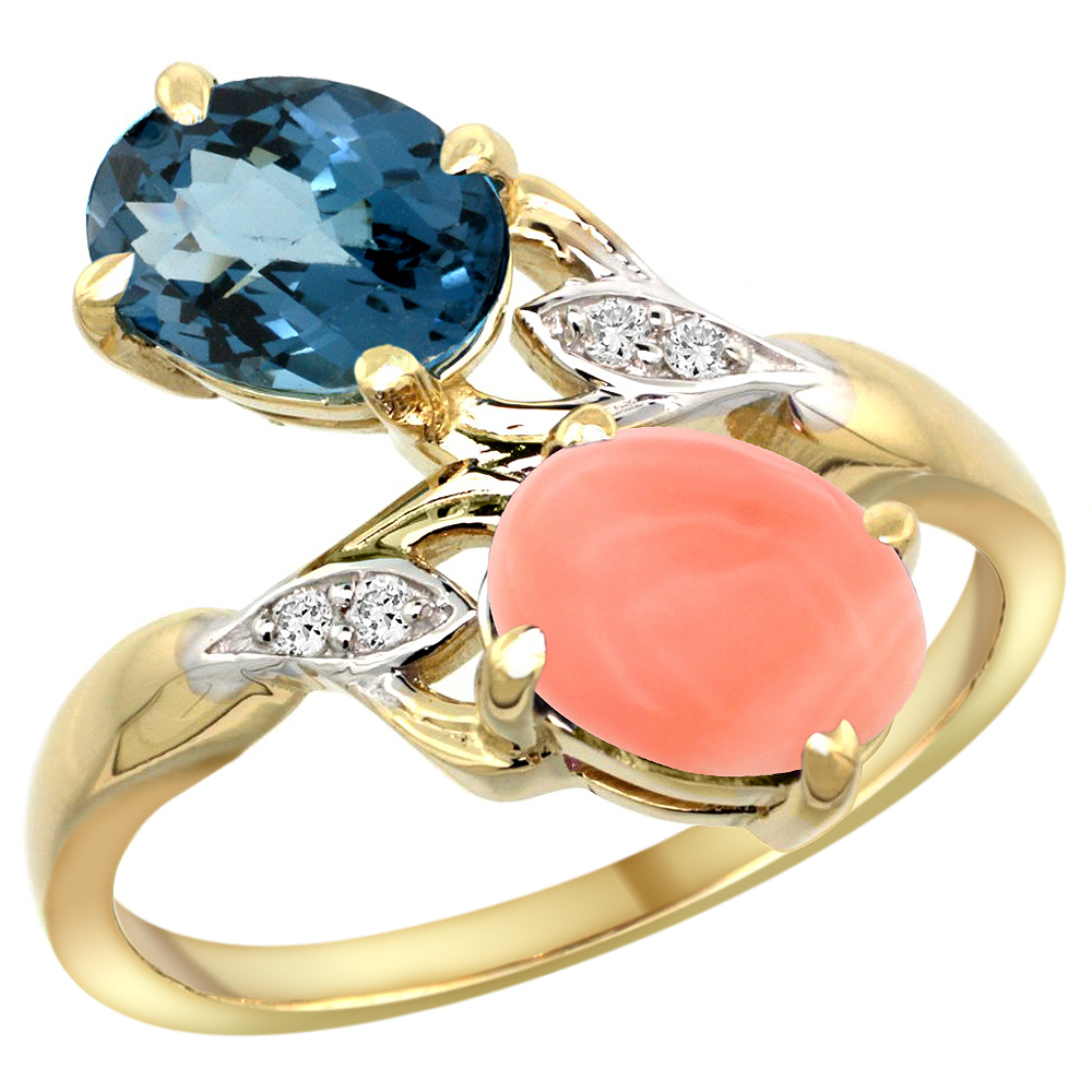 10K Yellow Gold Diamond Natural London Blue Topaz &amp; Coral 2-stone Ring Oval 8x6mm, sizes 5 - 10