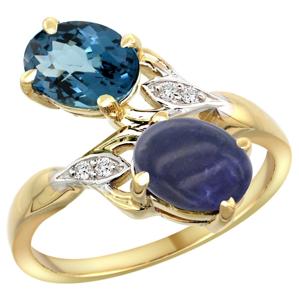 10K YELLOW GOLD DIAMOND NATURAL LONDON BLUE TOPAZ & LAPIS 2-STONE RING OVAL 8X6MM, SIZES 5 - 10