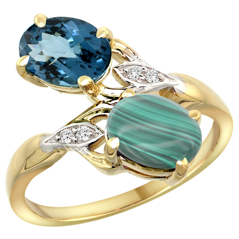 10K YELLOW GOLD DIAMOND NATURAL LONDON BLUE TOPAZ & MALACHITE 2-STONE RING OVAL 8X6MM, SIZES 5 - 10
