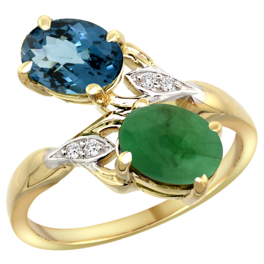 10K YELLOW GOLD DIAMOND NATURAL LONDON BLUE TOPAZ & CABOCHON EMERALD 2-STONE RING OVAL 8X6MM, SIZES 5 - 10
