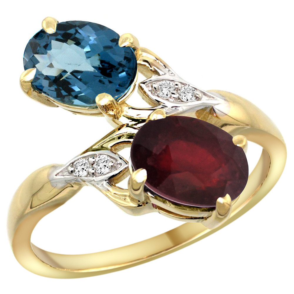 10K YELLOW GOLD DIAMOND NATURAL LONDON BLUE TOPAZ RUBY 2-STONE MOTHERS RING OVAL 8X6MM SIZE 5 - 10