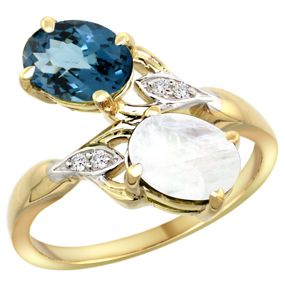 10K YELLOW GOLD DIAMOND NATURAL LONDON BLUE TOPAZ & RAINBOW MOONSTONE 2-STONE RING OVAL 8X6MM, SIZES 5 - 10
