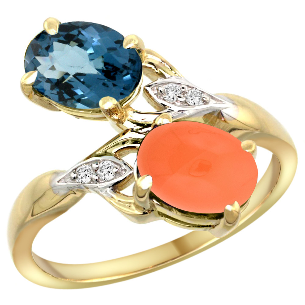 10K YELLOW GOLD DIAMOND NATURAL LONDON BLUE TOPAZ & ORANGE MOONSTONE 2-STONE RING OVAL 8X6MM, SIZES 5 - 10