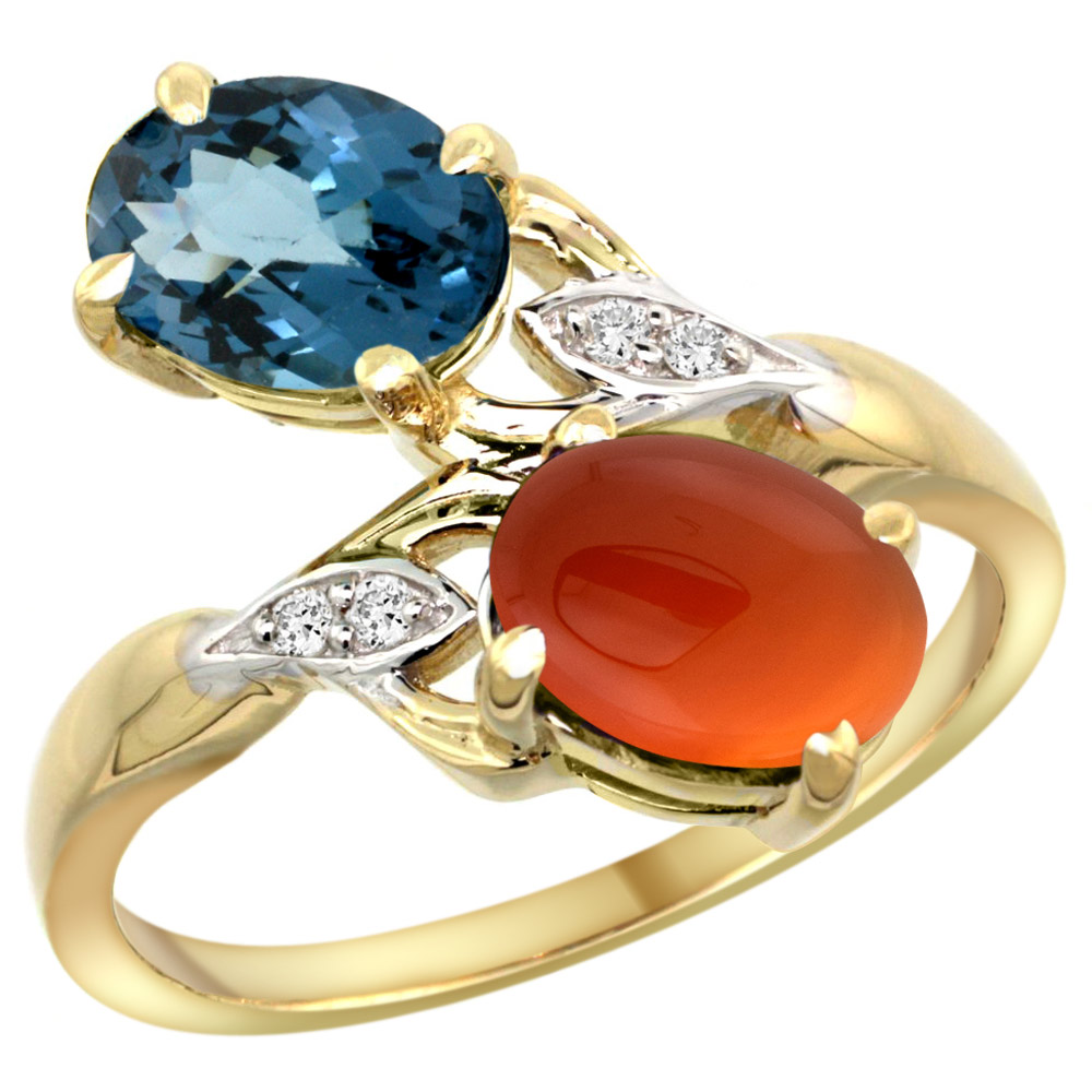10K YELLOW GOLD DIAMOND NATURAL LONDON BLUE TOPAZ & BROWN AGATE 2-STONE RING OVAL 8X6MM, SIZES 5 - 10
