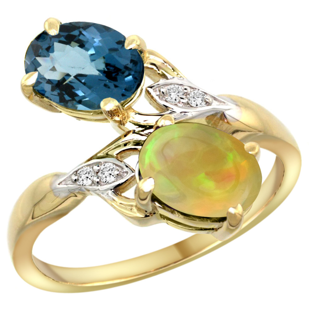 10K YELLOW GOLD DIAMOND NATURAL LONDON BLUE TOPAZ&ETHIOPIAN OPAL 2-STONE MOTHERS RING OVAL 8X6MM,SZ5 - 10