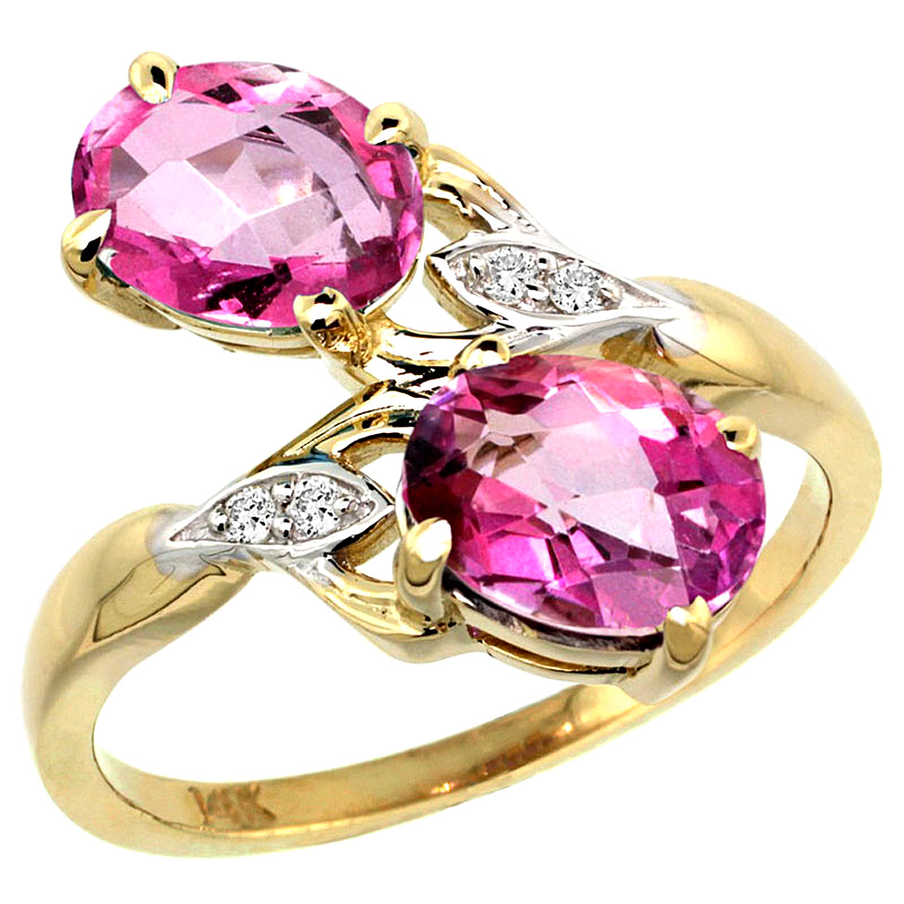 14K YELLOW GOLD DIAMOND NATURAL PINK TOPAZ 2-STONE RING OVAL 8X6MM, SIZES 5 - 10