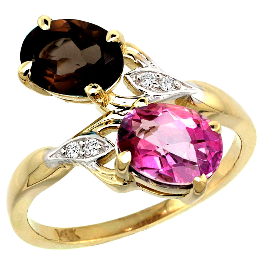 14K YELLOW GOLD DIAMOND NATURAL PINK & SMOKY TOPAZ 2-STONE RING OVAL 8X6MM, SIZES 5 - 10