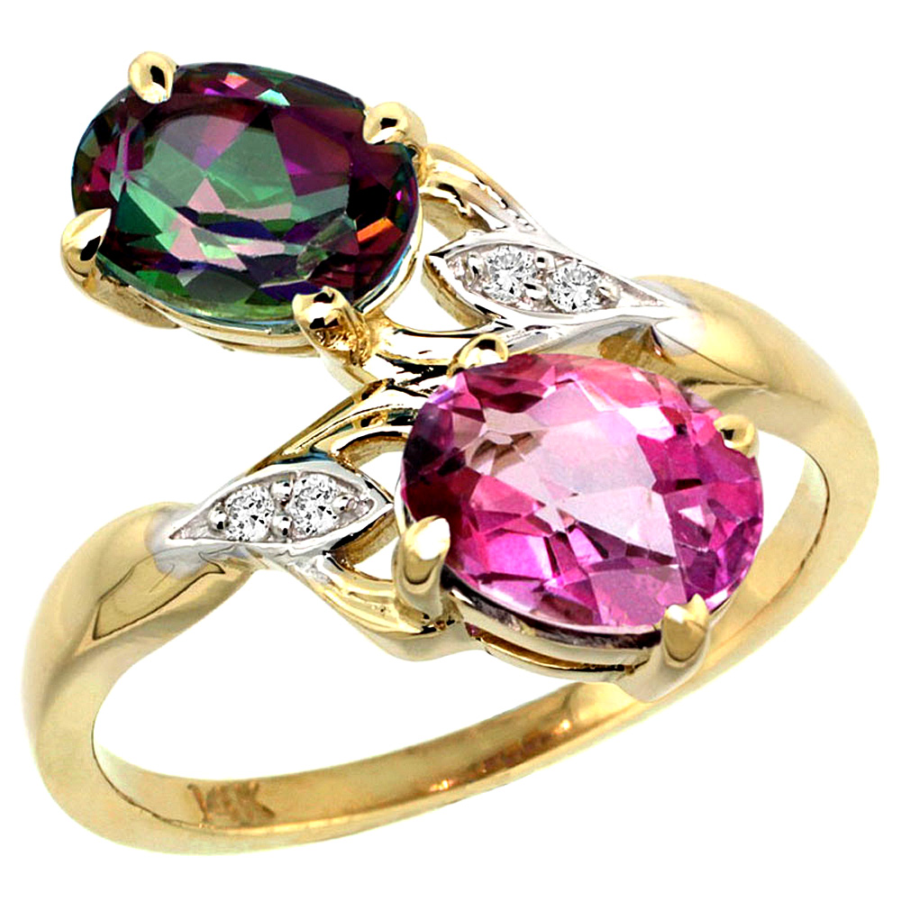 14K YELLOW GOLD DIAMOND NATURAL PINK & MYSTIC TOPAZ 2-STONE RING OVAL 8X6MM, SIZES 5 - 10
