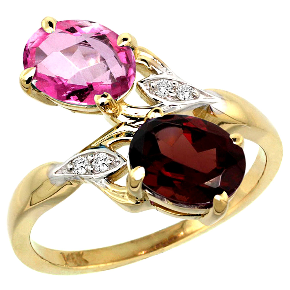 14K YELLOW GOLD DIAMOND NATURAL PINK TOPAZ & GARNET 2-STONE RING OVAL 8X6MM, SIZES 5 - 10