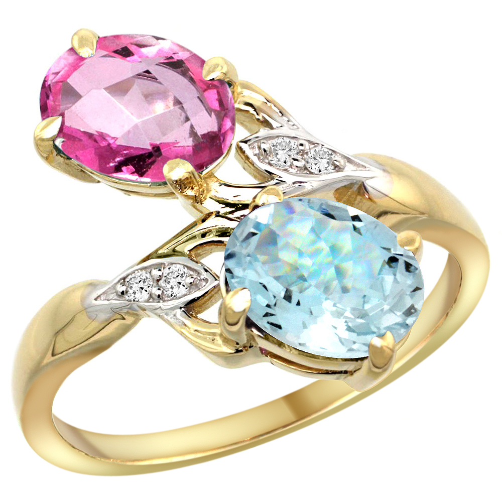 10K YELLOW GOLD DIAMOND NATURAL PINK TOPAZ & AQUAMARINE 2-STONE RING OVAL 8X6MM, SIZES 5 - 10