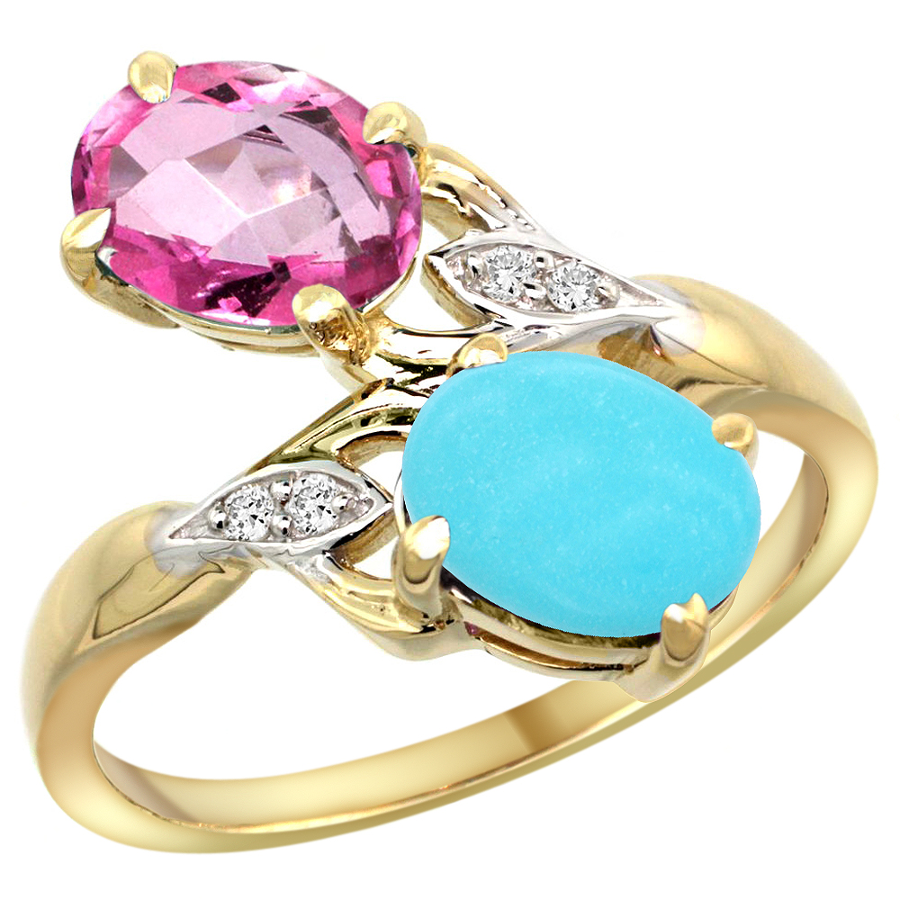10K YELLOW GOLD DIAMOND NATURAL PINK TOPAZ & TURQUOISE 2-STONE RING OVAL 8X6MM, SIZES 5 - 10