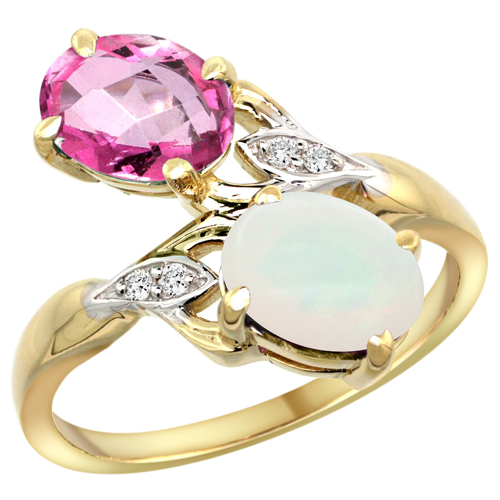 10K YELLOW GOLD DIAMOND NATURAL PINK TOPAZ & OPAL 2-STONE RING OVAL 8X6MM, SIZES 5 - 10