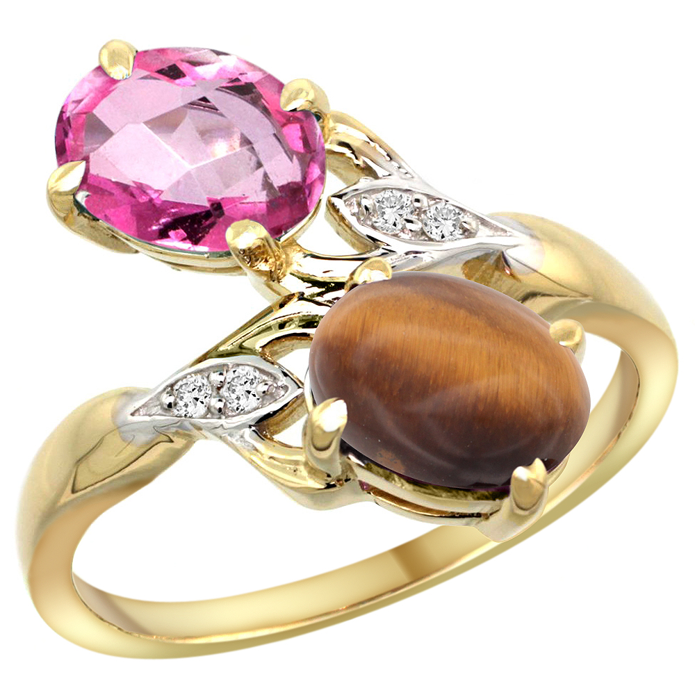 10K YELLOW GOLD DIAMOND NATURAL PINK TOPAZ & TIGER EYE 2-STONE RING OVAL 8X6MM, SIZES 5 - 10