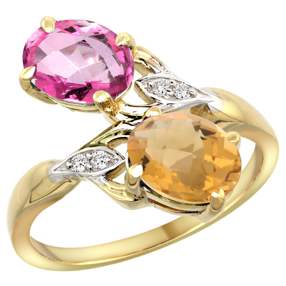 10K YELLOW GOLD DIAMOND NATURAL PINK TOPAZ & WHISKY QUARTZ 2-STONE RING OVAL 8X6MM, SIZES 5 - 10