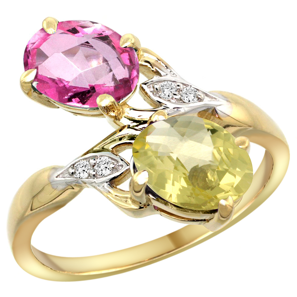 10K YELLOW GOLD DIAMOND NATURAL PINK TOPAZ & LEMON QUARTZ 2-STONE RING OVAL 8X6MM, SIZES 5 - 10